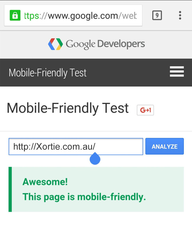 Google's mobile-friendly test page showing a positive result for website xortie.com.au