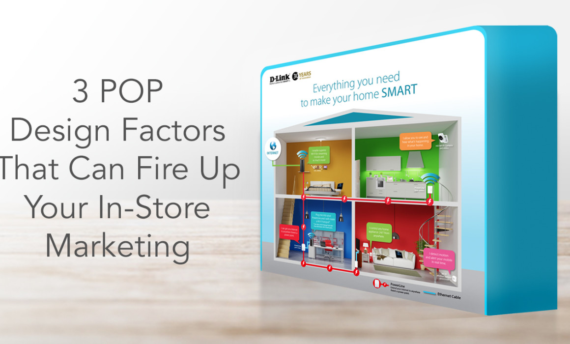 A sample POP display beside the title '3 POP Design Factors That Can Fire Up Your In-Store Marketing'